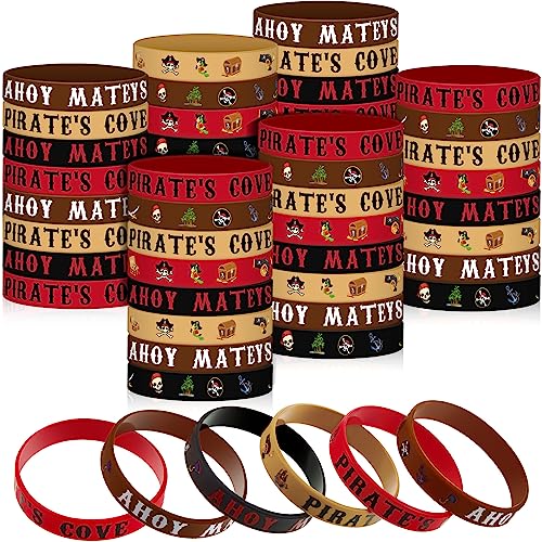 Leitee 48 Pcs Pirate Rubber Bracelets Pirate Party Theme Wristbands Silicone Wristbands Party Supplies Favors Accessories for Men Women Birthday Prizes 4 Styles - Image 1