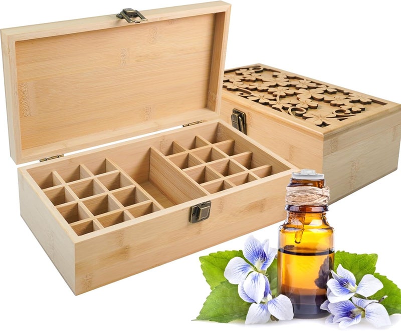 Pure Vie Pure Vie Bamboo Essential Oil Storage Box Travel Organizer Case with Bottle Cap Label - Aromatherapy Nail Polish Fragrance Container, Holds 24 Bottle for 5-30ml - Keep Scented Oil Safe & Space Saver 