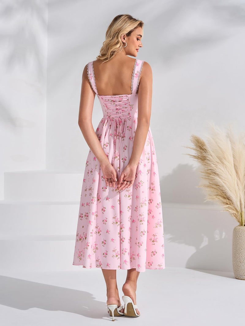 EYNMIN Floral Corset Midi Wedding Guest Dresses for Women 2026 Spring Summer Milkmaid Dress Lace Up Flowy A Line Sundress - Image 3