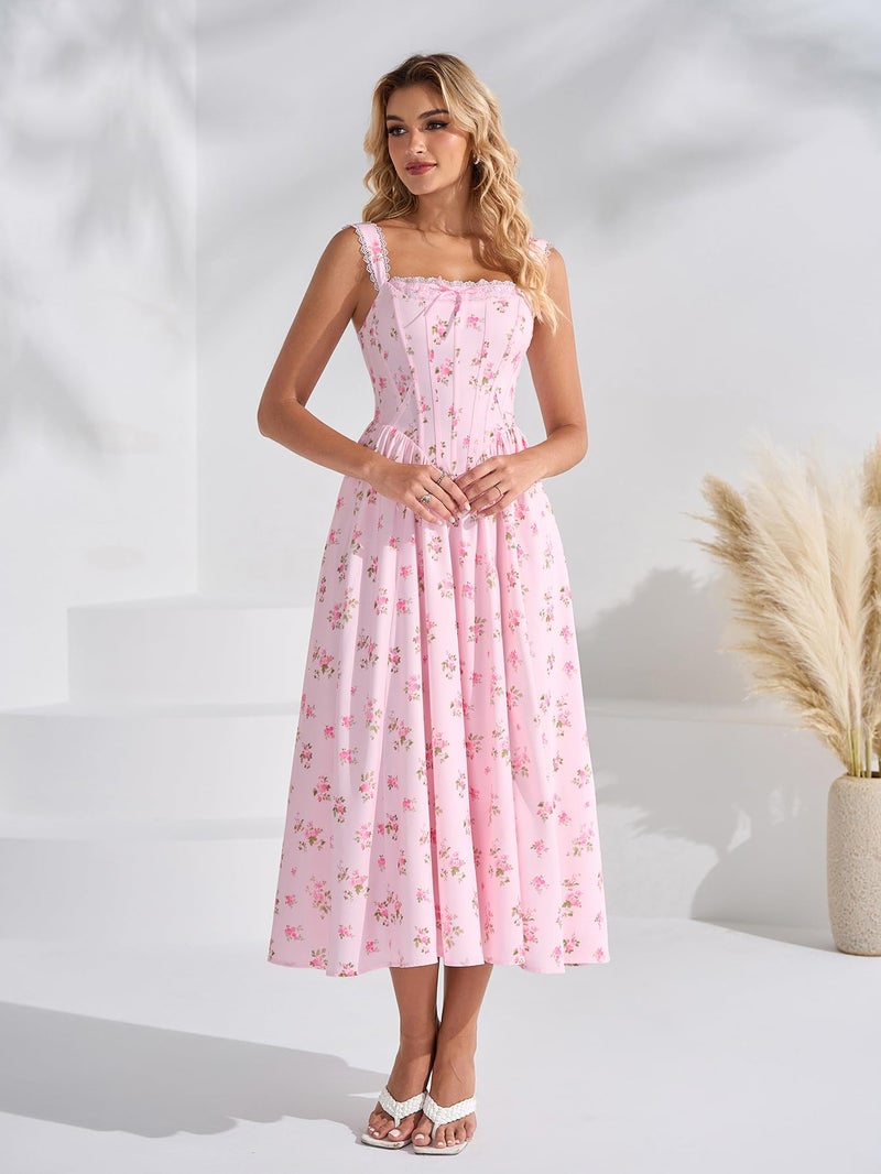 EYNMIN Floral Corset Midi Wedding Guest Dresses for Women 2026 Spring Summer Milkmaid Dress Lace Up Flowy A Line Sundress - Image 2