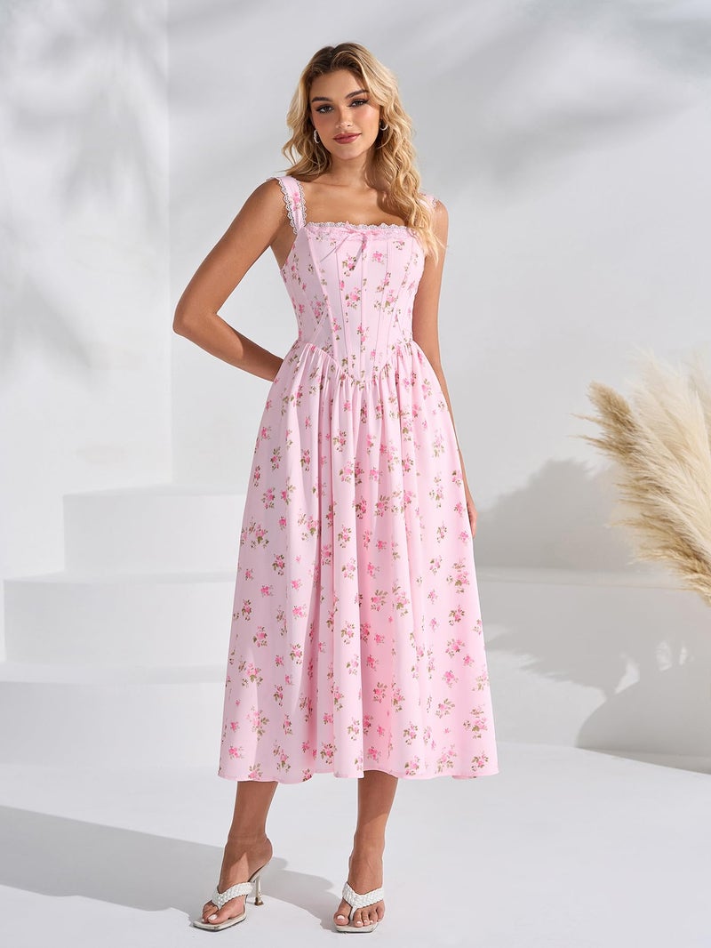 EYNMIN Floral Corset Midi Wedding Guest Dresses for Women 2026 Spring Summer Milkmaid Dress Lace Up Flowy A Line Sundress - Image 4