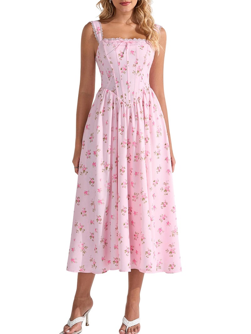 EYNMIN Floral Corset Midi Wedding Guest Dresses for Women 2026 Spring Summer Milkmaid Dress Lace Up Flowy A Line Sundress - Image 1