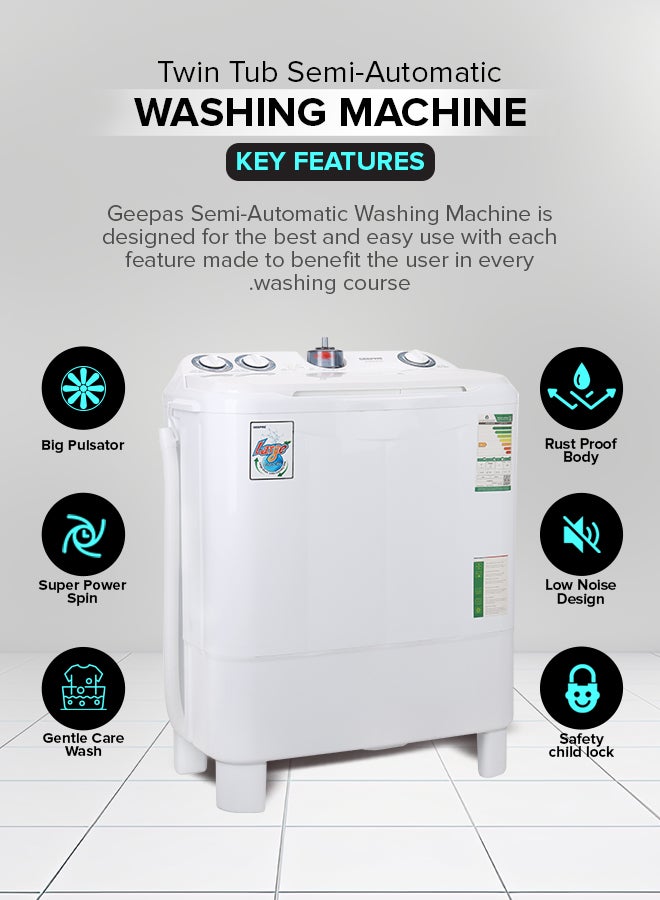 GEEPAS Twin Tub Semi-Automatic Washing Machine| High Back Control Panel and Semi-Automatic Top Load Washing Machine, Ripple Pulsator| Highly Effecient with Classic Design 670 W GSWM6468 White - Image 2