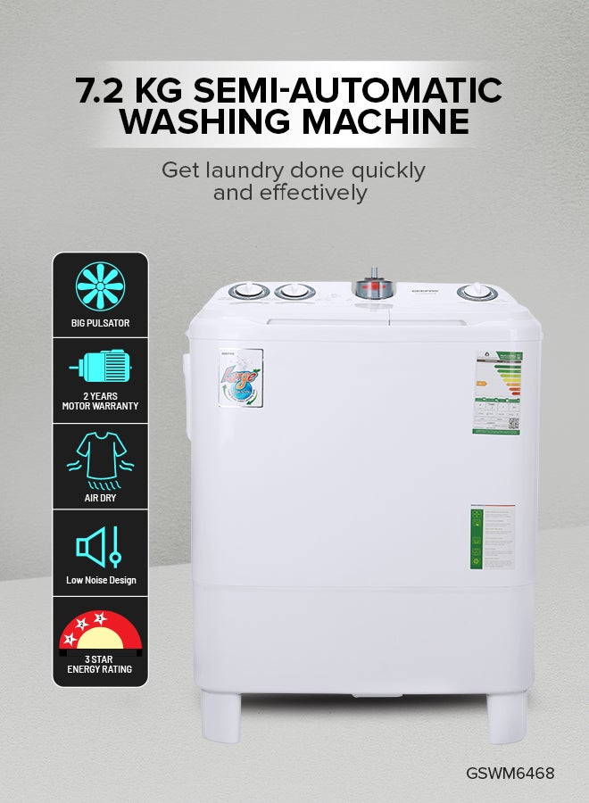 GEEPAS Twin Tub Semi-Automatic Washing Machine| High Back Control Panel and Semi-Automatic Top Load Washing Machine, Ripple Pulsator| Highly Effecient with Classic Design 670 W GSWM6468 White - Image 1