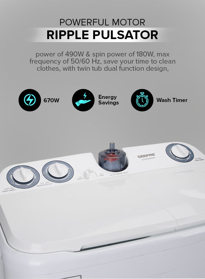 GEEPAS Twin Tub Semi-Automatic Washing Machine| High Back Control Panel and Semi-Automatic Top Load Washing Machine, Ripple Pulsator| Highly Effecient with Classic Design 670 W GSWM6468 White - Image 3