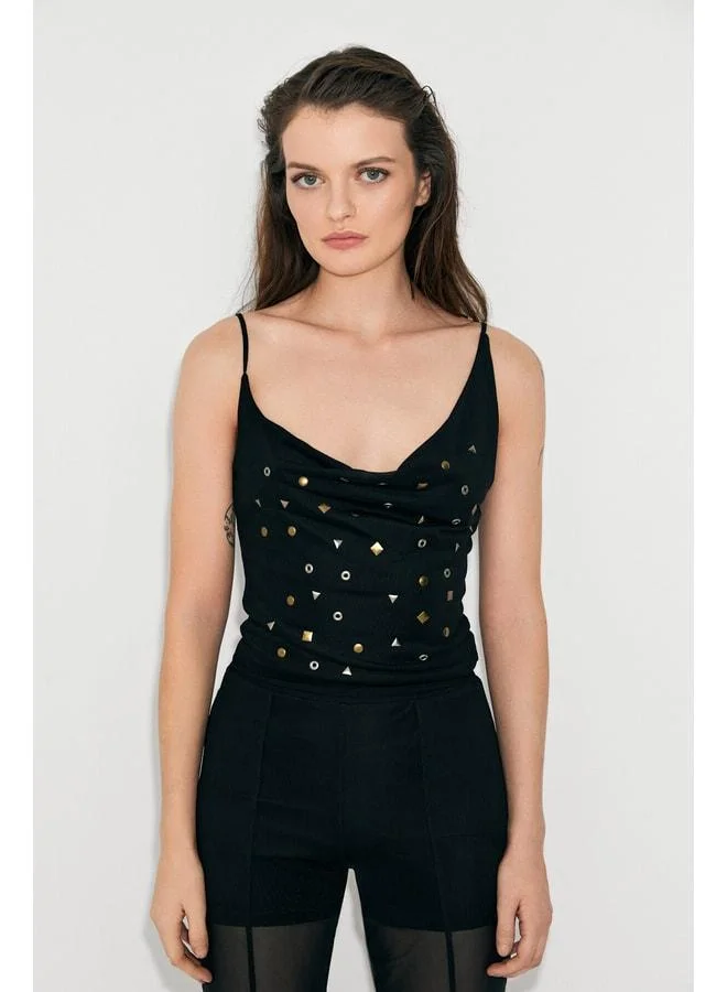 Grimelange LATIDO Women's Degage Collared Tulle Over Stone-Detail Lined Strappy Chic Black Blouse.