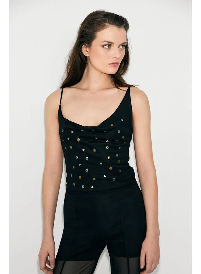 Grimelange LATIDO Women's Degage Collared Tulle Over Stone-Detail Lined Strappy Chic Black Blouse.