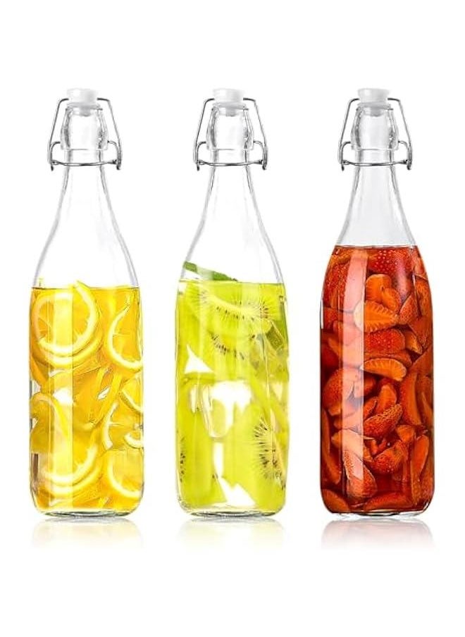 هوكور HOOKOR Flip Top Glass Bottle,3Pack 1000ML Swing Brewing with Stopper for Beverages, Oil, Vinegar, Kombucha, Beer, Water, Soda, Kefir Airtight Lid & Leak Proof Cap Clear  - Image 1