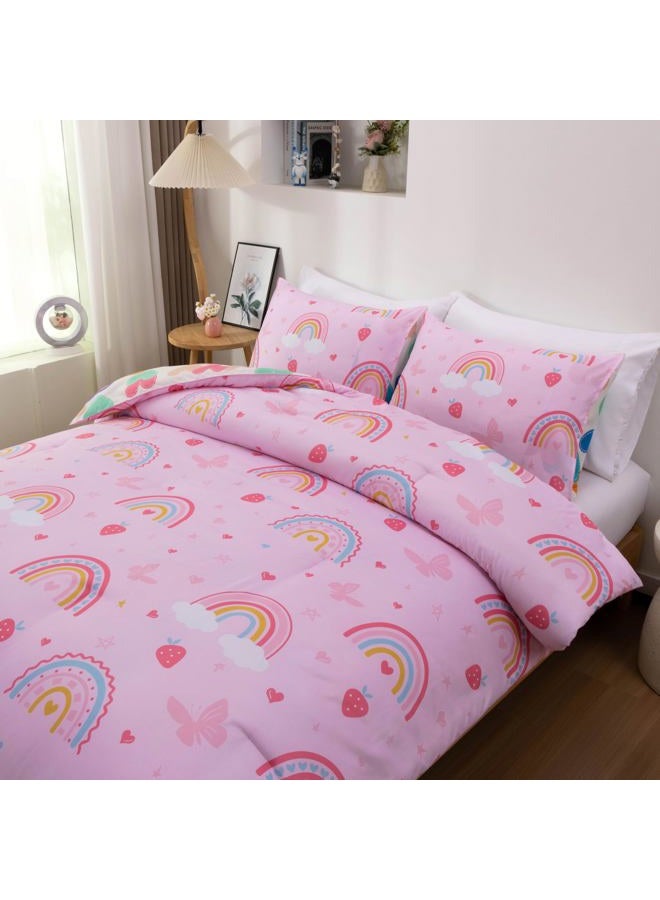 Btargot Lightweight Soft 3 Piece Rainbow Comforter Set with 2 Pillow Covers, Cartoon Butterfly Leaves Flowers Bedding Set for Girls Boys Kids, Twin Pink - Image 4