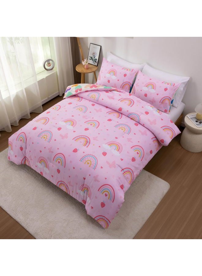 Btargot Lightweight Soft 3 Piece Rainbow Comforter Set with 2 Pillow Covers, Cartoon Butterfly Leaves Flowers Bedding Set for Girls Boys Kids, Twin Pink - Image 2