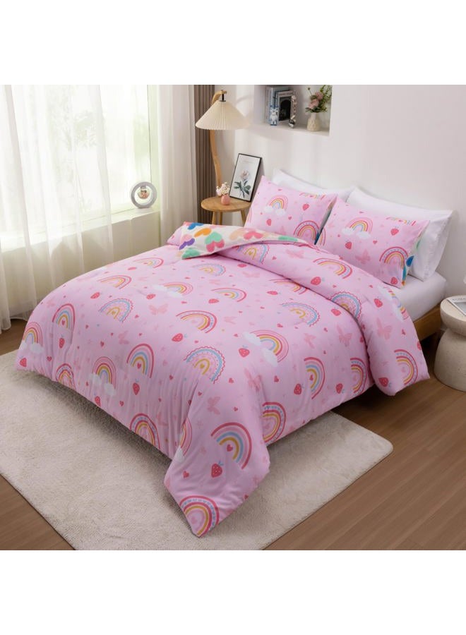 Btargot Lightweight Soft 3 Piece Rainbow Comforter Set with 2 Pillow Covers, Cartoon Butterfly Leaves Flowers Bedding Set for Girls Boys Kids, Twin Pink - Image 5