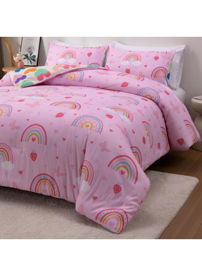 Btargot Lightweight Soft 3 Piece Rainbow Comforter Set with 2 Pillow Covers, Cartoon Butterfly Leaves Flowers Bedding Set for Girls Boys Kids, Twin Pink - Image 3