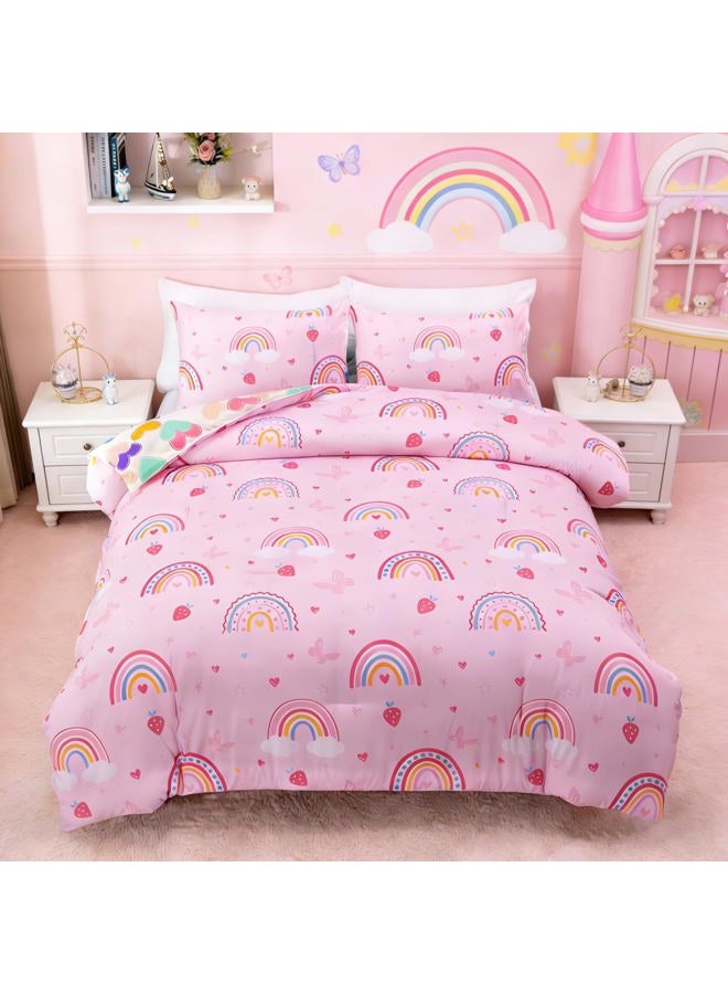 Btargot Lightweight Soft 3 Piece Rainbow Comforter Set with 2 Pillow Covers, Cartoon Butterfly Leaves Flowers Bedding Set for Girls Boys Kids, Twin Pink - Image 1