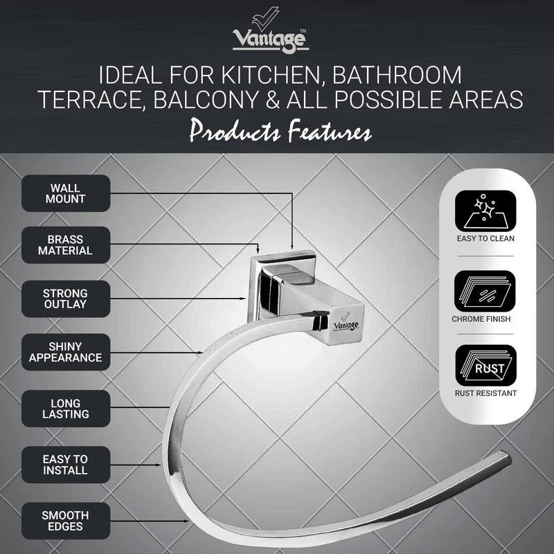 Vantage VCK2013 100 Brass Towel Ring Wall Mounted Chrome Finish Cloth Hanging Bathroom Accessory Napkin Hang for Seamless Luxurious Decor - Image 4