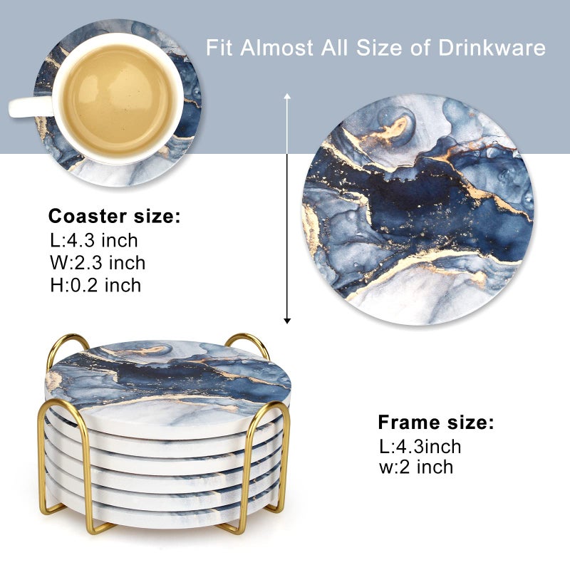 Dksyee Coasters Set of 6, Navy Blue Marble Abstract Round Ceramic Coasters with Holder, Best Absorbent Drink Coaster Set, Coffee Table Decor for Home Decor House Warming Gifts New Home - Image 5