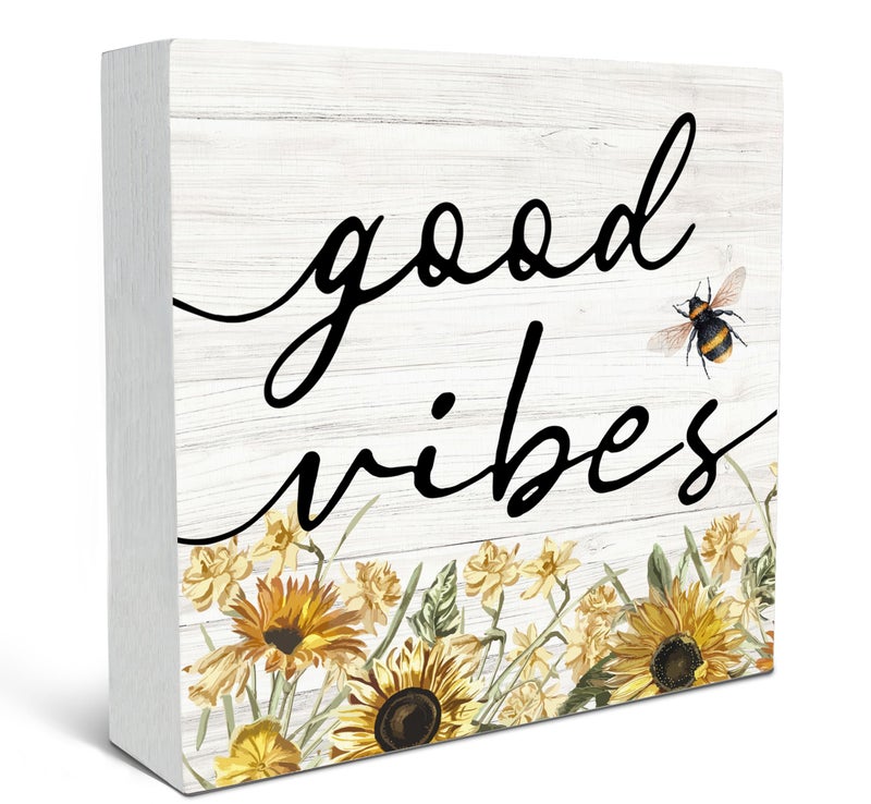 SRADMO Inspirational Bee and Sunflower Decor Wood Box Sign Desk Decor  Summer Decor Rustic Wooden Block Box Sign Decoration For Home Office Shelf Table Decorative Accessories - Image 1