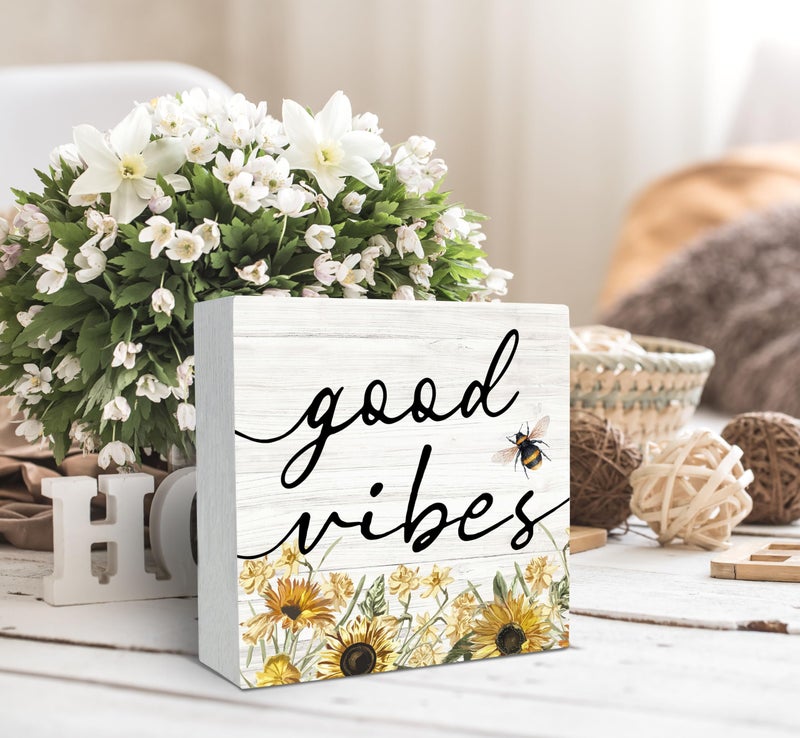 SRADMO Inspirational Bee and Sunflower Decor Wood Box Sign Desk Decor  Summer Decor Rustic Wooden Block Box Sign Decoration For Home Office Shelf Table Decorative Accessories - Image 3