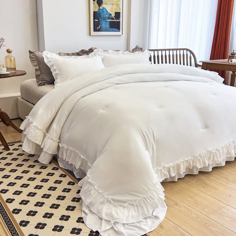 AIKASY White Comforters Queen Size Set Vintage Boho Chic Farmhouse Bedding Sets Shabby Ruffle Queen Bed Comforter Bedding 3PCS1 Comforter and 2 Pillowcases
