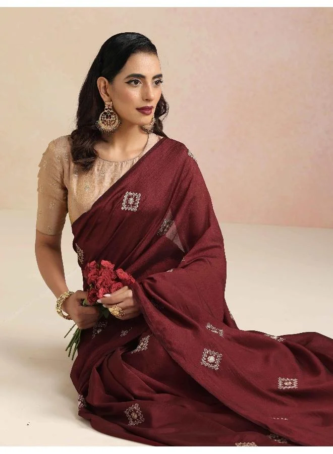 trueBrowns Maroon Diamond Embroidered Saree With Unstitched Blouse