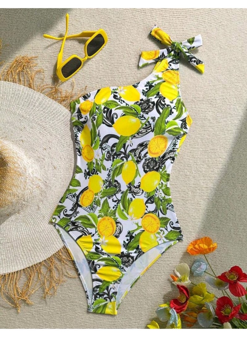 SHEIN Women's Lemon Print Sleeveless One-Piece Swimsuit - Image 2