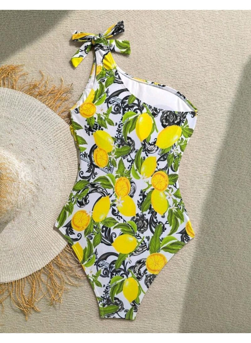 SHEIN Women's Lemon Print Sleeveless One-Piece Swimsuit - Image 3
