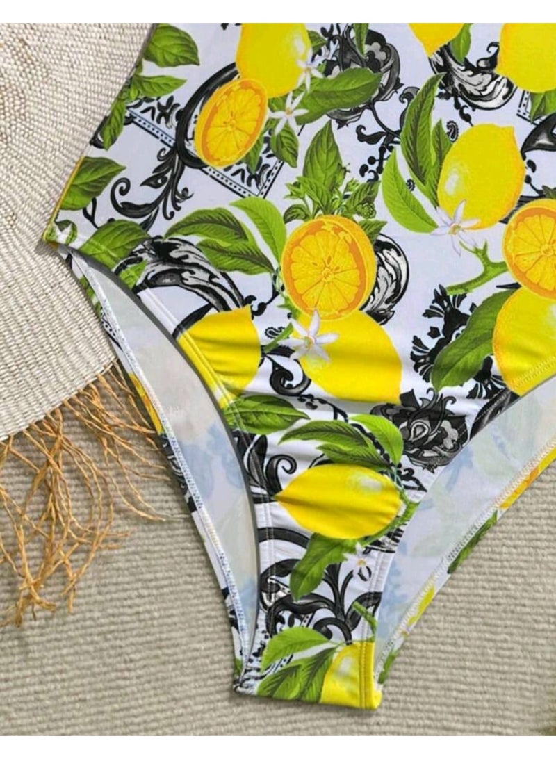SHEIN Women's Lemon Print Sleeveless One-Piece Swimsuit - Image 4