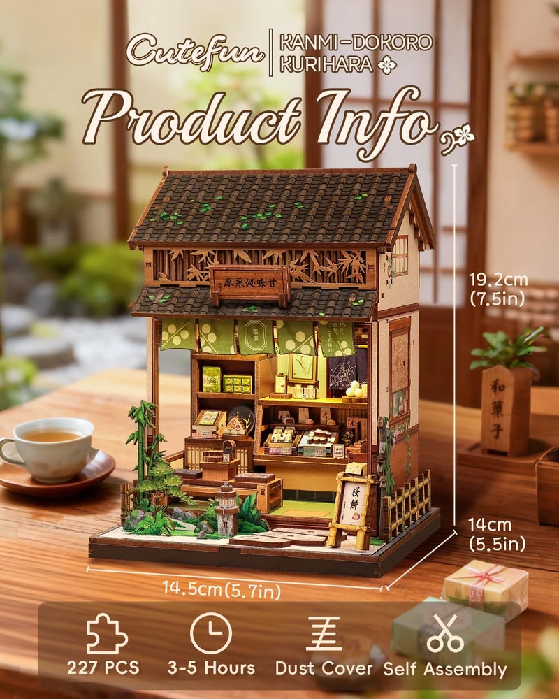 Cutefun Book Nook Kit - DIY Miniature Dollhouse Kit for Adults, Teens and Beginners, Japanese Dessert Shop Booknook Tiny House Bookshelf Decor 3D Wooden Puzzles, Creative Gifts for Family (Sweet Shop) - Image 3