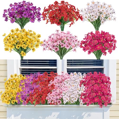 Bassion 24 Bundles Artificial Flowers for Outdoors Decoration UV Resistant Mixed Color Silk Fake Faux Flowers Artificial Plants for Outside Window Box Porch Garden Home Decor - Image 1