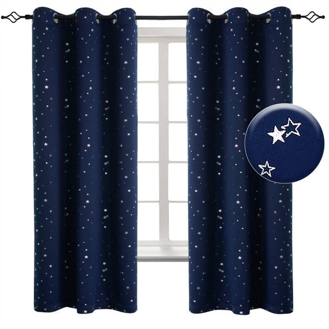 KIDS BLACKOUT CURTAINS FOR BEDROOM GROMMET THERMAL INSULATED SILVER STAR PRINT ROOM DARKENING CURTAINS FOR KIDS ROOM SET OF 2 PANELS 38 X 63 INCH NAVY BLUE
