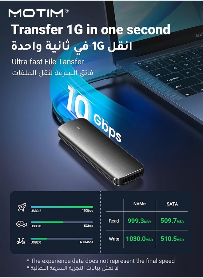 Motim - M.2  SATA/NVMe Enclosure SSD Adapter, 10Gbps USB C 3.2 Gen2, Tool-Free SATA/External Enclosure NVMe PCI-E Reader Solid State Drive External USB Adapter Supports M and B&M Keys Size 2230/2242/2260/2280 SSDs - Image 1
