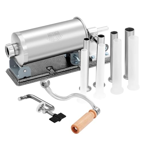 MZTOGR Sausage Stuffer, 2.5LBS Stainless Steel Horizontal Sausage Maker, Homemade Manual Meat Filling Kitchen Machine with 8 Stuffing Tubes - Image 1