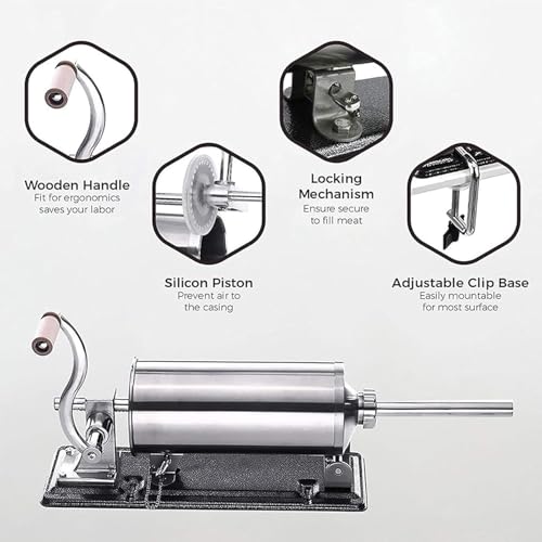 MZTOGR Sausage Stuffer, 2.5LBS Stainless Steel Horizontal Sausage Maker, Homemade Manual Meat Filling Kitchen Machine with 8 Stuffing Tubes - Image 4