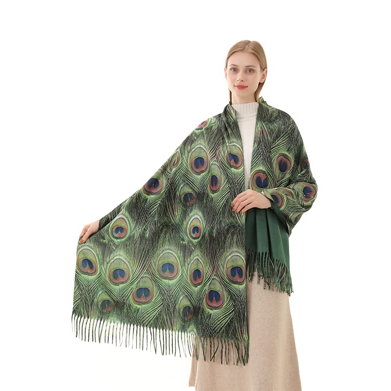 Cutewing Large Scarf Wrap Long Shawls for Women,Pashmina Green Scarf Peacock Feather Printed,Fashion Shawl Wraps Cashmere Feel Tassel Blanket Scarves Warm for Fall Winter - Image 4