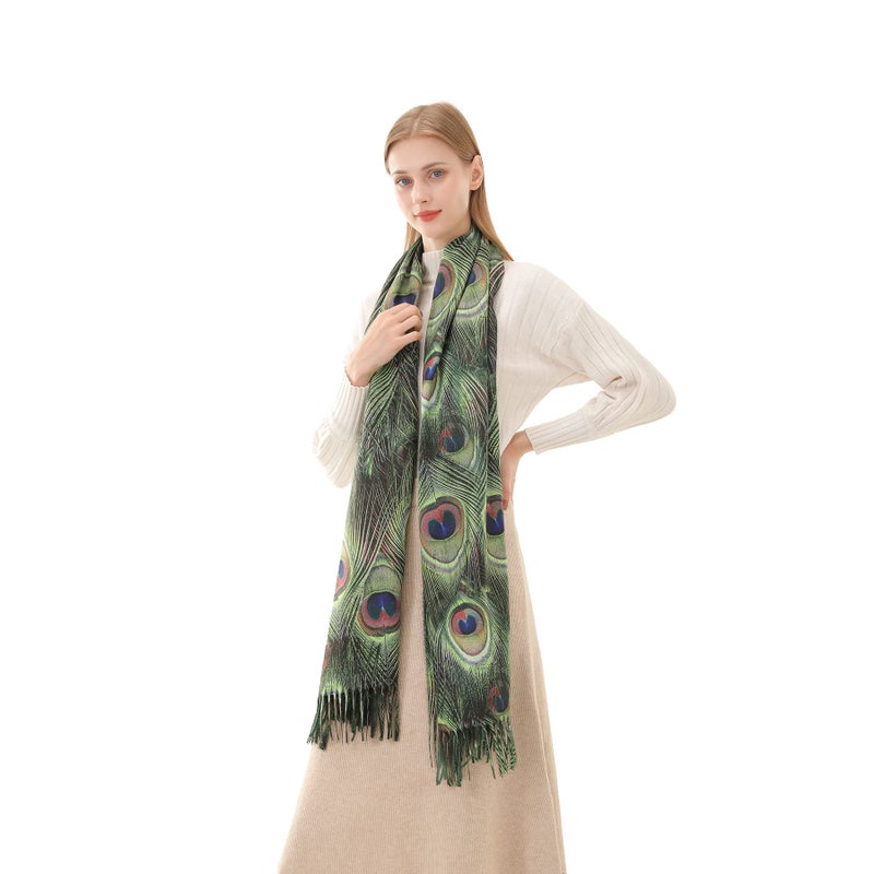 Cutewing Large Scarf Wrap Long Shawls for Women,Pashmina Green Scarf Peacock Feather Printed,Fashion Shawl Wraps Cashmere Feel Tassel Blanket Scarves Warm for Fall Winter - Image 1