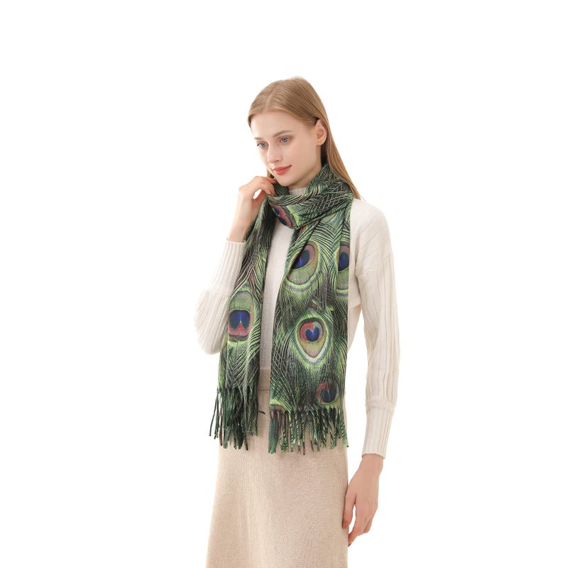 Cutewing Large Scarf Wrap Long Shawls for Women,Pashmina Green Scarf Peacock Feather Printed,Fashion Shawl Wraps Cashmere Feel Tassel Blanket Scarves Warm for Fall Winter - Image 2