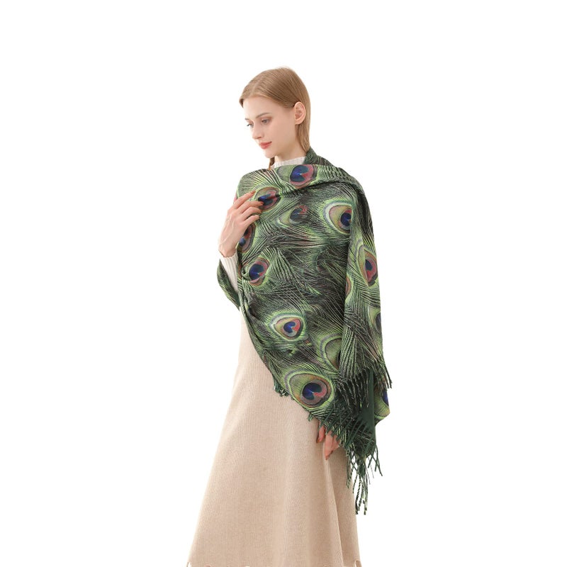 Cutewing Large Scarf Wrap Long Shawls for Women,Pashmina Green Scarf Peacock Feather Printed,Fashion Shawl Wraps Cashmere Feel Tassel Blanket Scarves Warm for Fall Winter - Image 3
