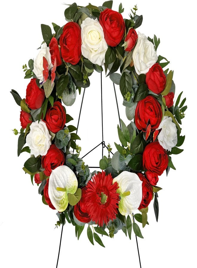 HENOMO Cemetery Wreaths Decoration - Headstone Wreaths with Rose Camellia Daisy for Graves on 30 inch Tall Easel Stand, Spring Wreath for Front Door Decoration - Image 1