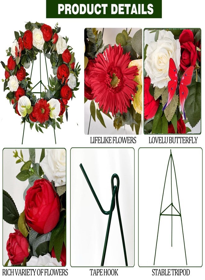 HENOMO Cemetery Wreaths Decoration - Headstone Wreaths with Rose Camellia Daisy for Graves on 30 inch Tall Easel Stand, Spring Wreath for Front Door Decoration - Image 4