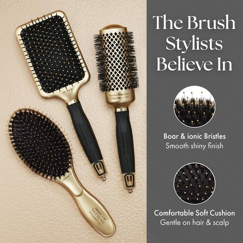 Olivia Garden Ceramic + Ion Supreme Styler Cushion Paddle Brush - Boar & Ionic for Shine, Frizz Control & Smoother Hair - Boar and Ionic Bristles - Gold - Image 3