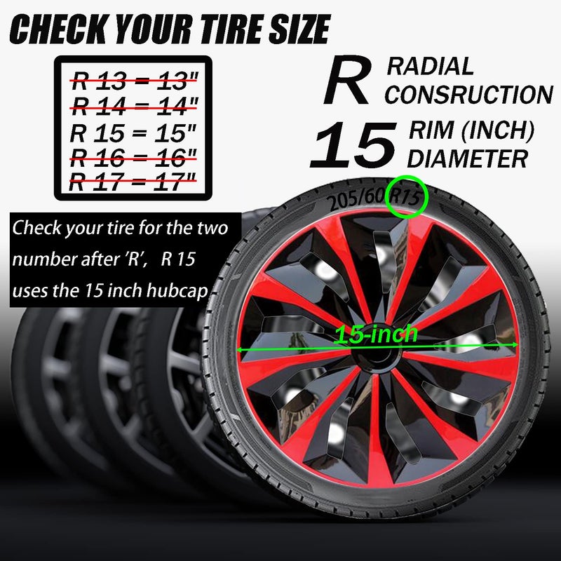 Aiqiying Hubcap Wheel Cover Replacement R15 Hub Caps Universal-Fit Steel Wheel Rim Cover ABS Material Exterior Accessories for Car Truck SUV -Set of 4ï¼ˆ15-inchï¼ŒRed-Blackï¼‰ - Image 2