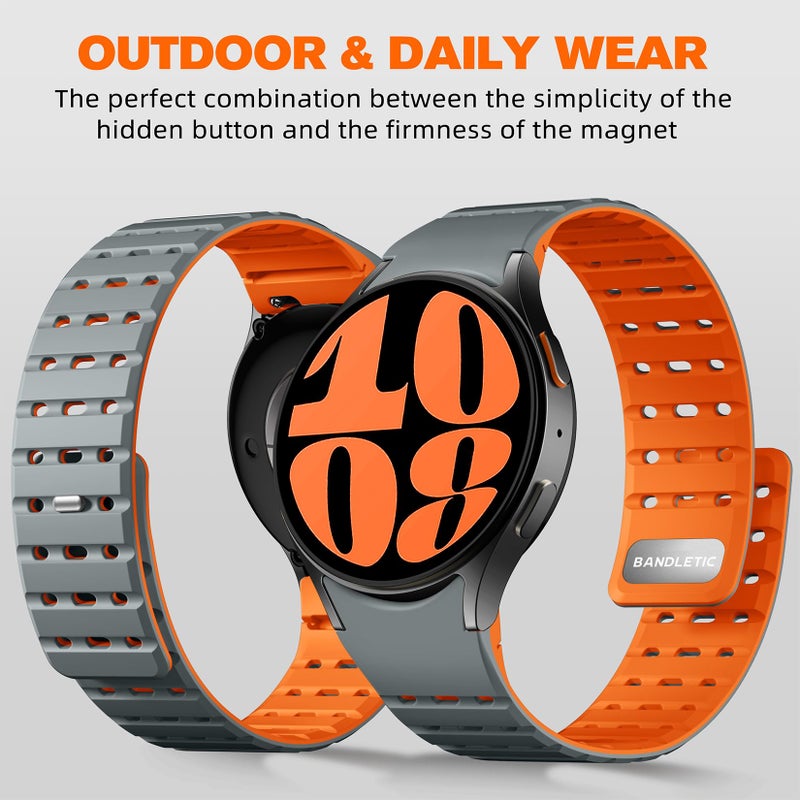 Bandletic Magnetic Silicone Band Compatible with Samsung Galaxy Watch 7 6 5 4 FE 40mm 44mm/for Galaxy Watch 6 4 Classic 43mm 47mm 42mm 46mm/Watch 5 Pro 45mm, 20mm No Gap Sport Strap, Gray/Orange - Image 4