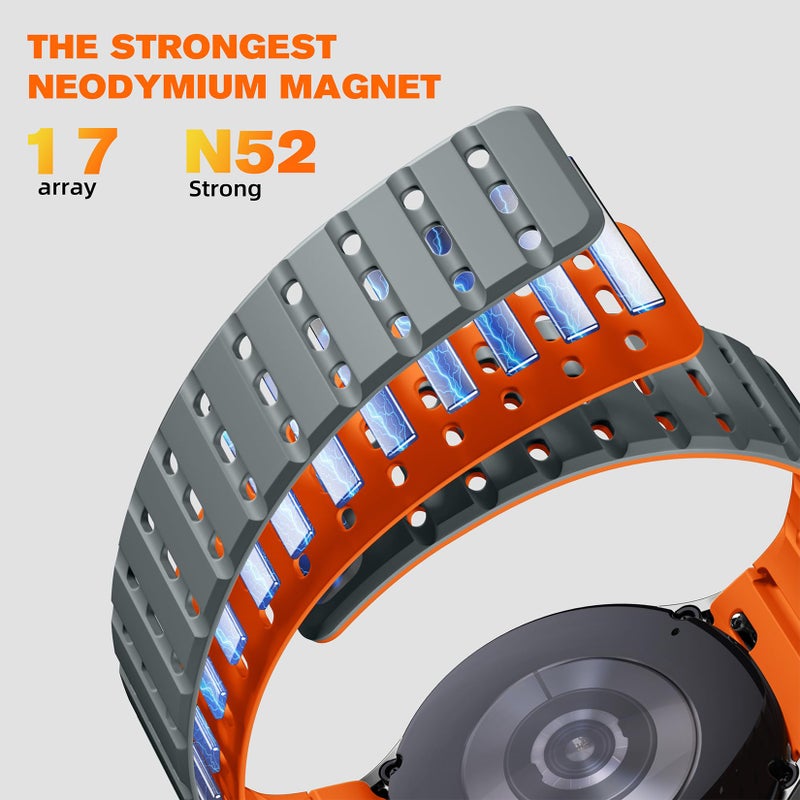 Bandletic Magnetic Silicone Band Compatible with Samsung Galaxy Watch 7 6 5 4 FE 40mm 44mm/for Galaxy Watch 6 4 Classic 43mm 47mm 42mm 46mm/Watch 5 Pro 45mm, 20mm No Gap Sport Strap, Gray/Orange - Image 3