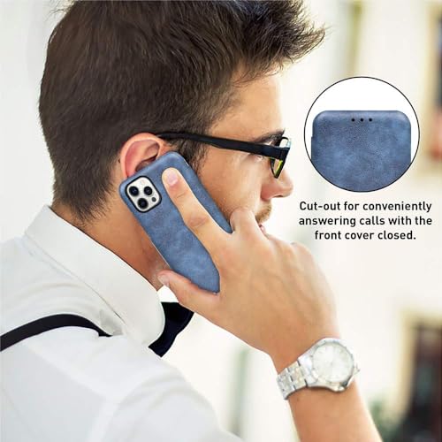 PULOKA Premium Vegan Leather Phone Cover for iPhone 15 PRO - Sleek Flip Case with Card Slot - Slim, Durable, Privacy Protection - Kickstand Function - Elegant Flip Wallet Cases for Apple - Blue - Image 4