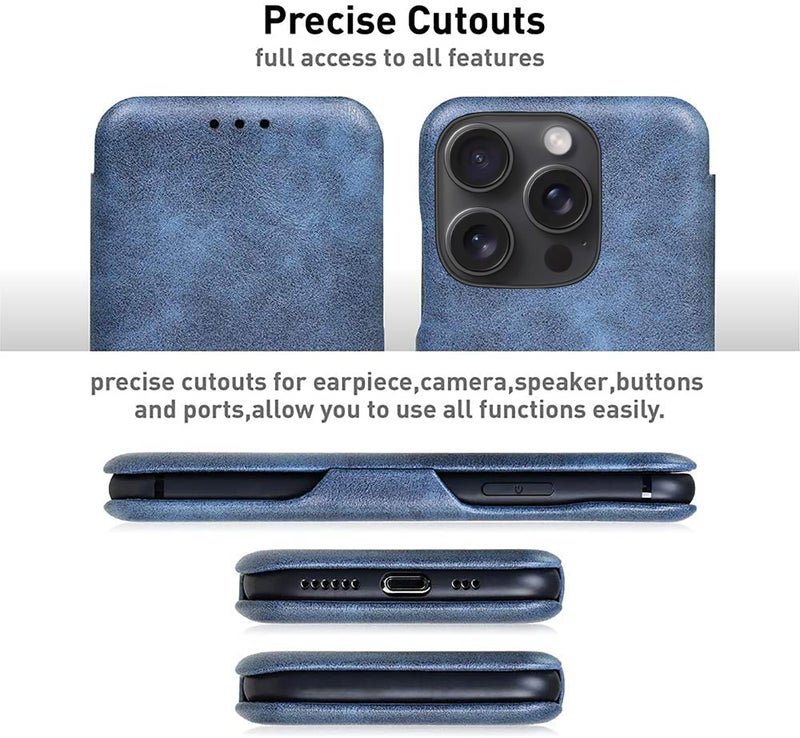 PULOKA Premium Vegan Leather Phone Cover for iPhone 15 PRO - Sleek Flip Case with Card Slot - Slim, Durable, Privacy Protection - Kickstand Function - Elegant Flip Wallet Cases for Apple - Blue - Image 3