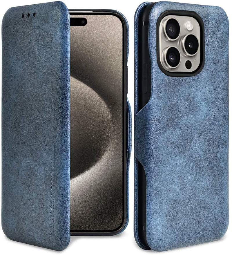 PULOKA Premium Vegan Leather Phone Cover for iPhone 15 PRO - Sleek Flip Case with Card Slot - Slim, Durable, Privacy Protection - Kickstand Function - Elegant Flip Wallet Cases for Apple - Blue - Image 1