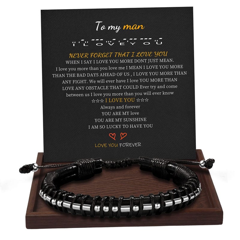 Btysun Valentines Gifts for Men, Valentines Day Gifts for Him Boyfriend Husband Gift for Men Fathers Day Bracelets Morse Code I Love You Gift for Him Dad Leather Bracelet Best Friend Birthday Christmas Jewelry - Image 1