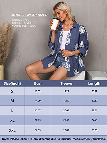 ZXZY Women Pineapple Printed Lapel Collar Half Sleeves Buttons Down Blouse Shirt (Blue, X-Large) - Image 3