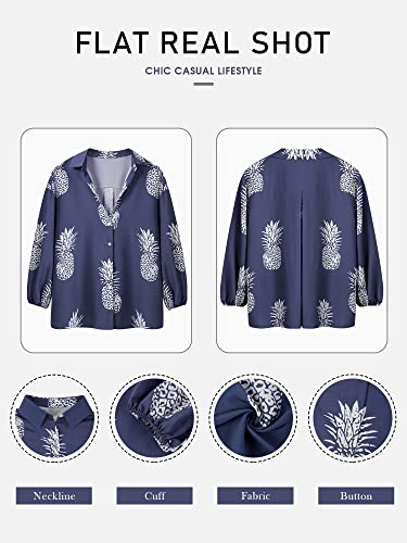 ZXZY Women Pineapple Printed Lapel Collar Half Sleeves Buttons Down Blouse Shirt (Blue, X-Large) - Image 2