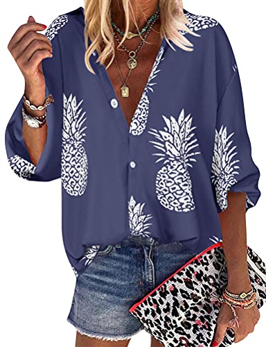 ZXZY Women Pineapple Printed Lapel Collar Half Sleeves Buttons Down Blouse Shirt (Blue, X-Large) - Image 1
