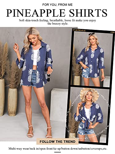 ZXZY Women Pineapple Printed Lapel Collar Half Sleeves Buttons Down Blouse Shirt (Blue, X-Large) - Image 4
